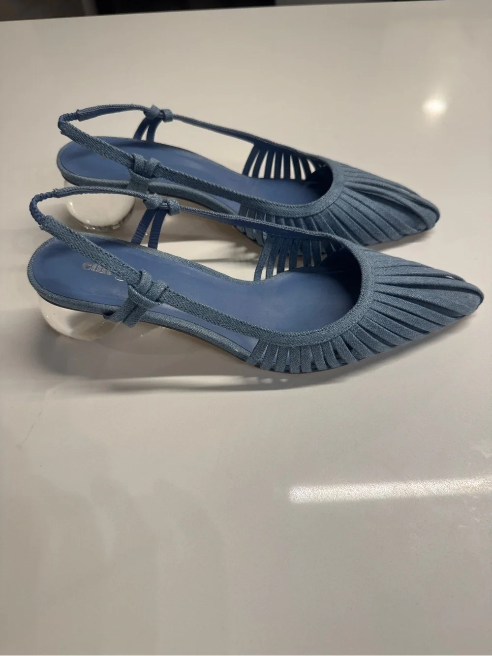 cult gaia Alia blue denim pleated slingback pointed-toe heels size 38.5 Lake